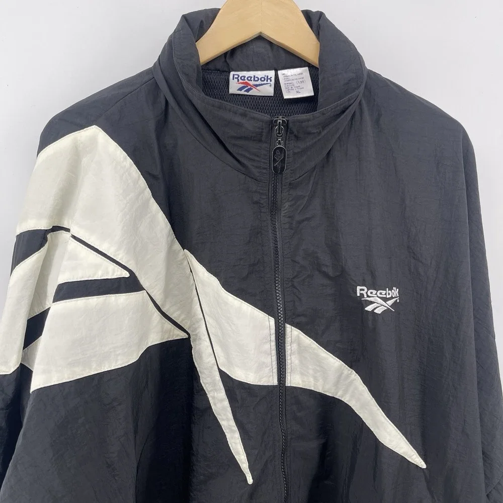 Vintage Reebok Big Logo Black Nylon Full Zip 90s Windbreaker Jacket Mens XL